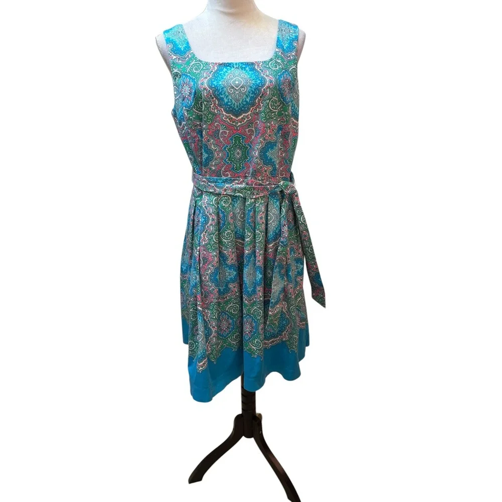 Talbots Womens Blue Paisley Medallion Cotton‎ Blend Belted Fit Flare Dress 12